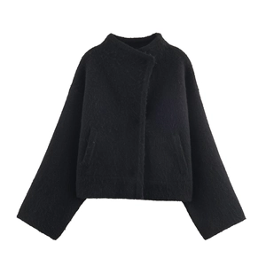 Veste Élégante pour Femmes avec Col Montant Couleur Unie en Polyester Manteau Court Décontracté Manches Longues Top