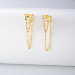 S925 sterling silver drop stud earrings with gold chain tassels and zircon stones