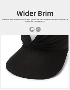 Detail of black sun hat featuring wide reinforced brim and pleated forehead design