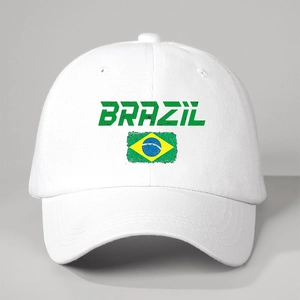 White baseball cap with Brazil green letters and flag print, adjustable sports hat