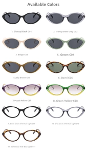 Cat-eye sunglasses color selection grid featuring 11 assorted frames with rivet details
