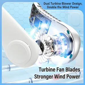 Portable white neck fan featuring dual turbine cooling system and USB charging port