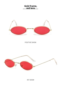 Detailed views of vintage oval sunglasses with gold metal frame and red tinted lenses
