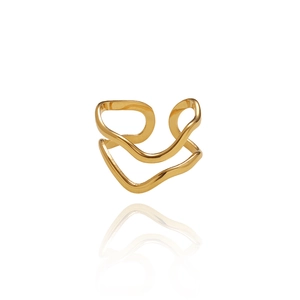 Minimalist wide double-layer wave geometric irregular open ring in polished gold titanium steel