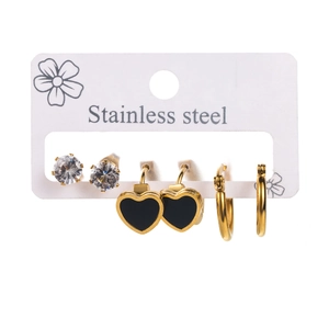 Three-pair stainless steel earring set with heart dangles, zircon studs, and gold hoops