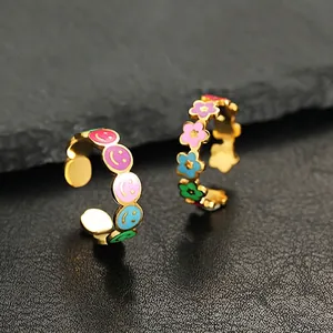 Stainless Steel Adjustable Open Rings Colorful Enamel Smile Face Flower Heart Sweet Jewelry For Women