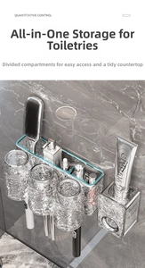Macro view of wall-mounted acrylic bathroom organizer with three transparent cups