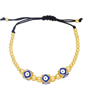 Bohemian evil eye bead bracelet with golden accents and adjustable black cord strap
