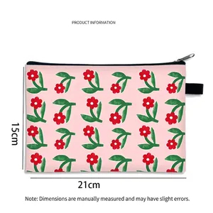 Floral print canvas makeup bag with pink background and red flower pattern 21x15cm