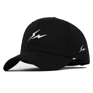 Black cotton baseball cap featuring white lightning embroidery and adjustable strap