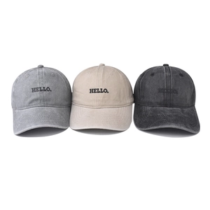Casquettes de baseball vintage délavées avec broderie HELLO en gris, beige et noir