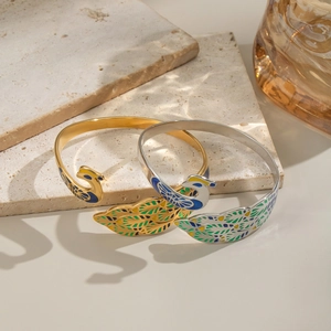 Vintage peacock open bangle in 18K gold and silver finish with colorful enamel inlay