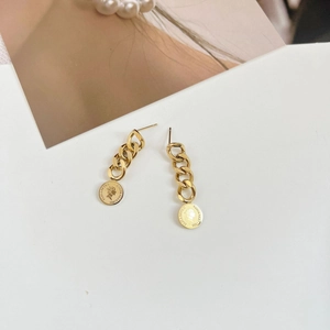 Vintage Coin Dangle Earrings Stainless Steel Gold Plated Curb Chain Elizabeth II Portrait Pendant Jewelry For Women