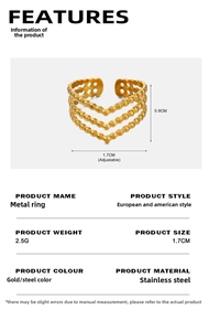 Detailed view of triple-layered wavy gold-plated stainless steel open ring with dimensions