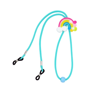 Blue kids' eyeglass strap with rainbow silicone decor and adjustable bead detail