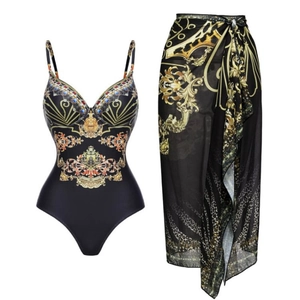 Women Baroque Gold Floral Print One Piece Swimsuit With Ruffle Leopard Cover Up Skirt Polyester Beachwear