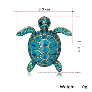 Creative turtle brooch with blue enamel shell and rhinestones, sized 3.3cm by 3.4cm