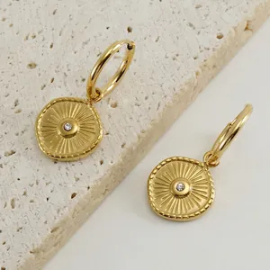 Sunburst Compass Round Pendant Hoop Earrings Stainless Steel 18K Gold Plated Zircon Inlaid Fashion Jewelry For Women