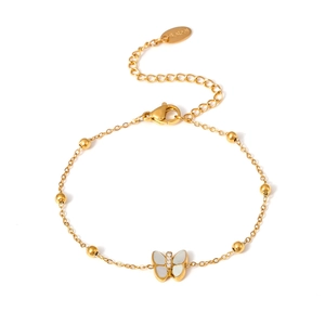 Luxury butterfly bead bracelet in 18k gold plated stainless steel with white shell