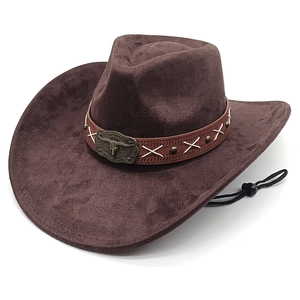 Classic dark brown suede cowboy hat with vintage leather belt and metal bull head buckle