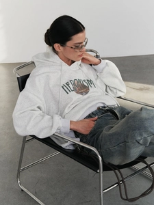 Oversize vintage gray basketball hoodie for women with Hedonism print and relaxed fit