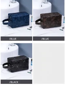 Waterproof PU leather toiletry bag for men featuring a vintage texture and side handle