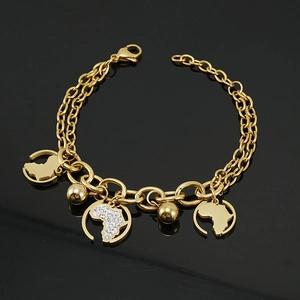 Bracelet double chaîne plaqué or 18 carats avec pendentifs carte d'Afrique et perles d'acier