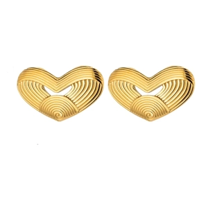 Golden heart-shaped stainless steel stud earrings with elegant striped textured design