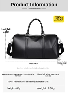 Black leather travel bag specs showing dimensions 43x24x21cm and 14-inch laptop capacity