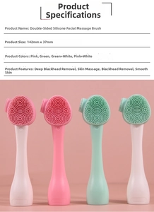 Detailed view of double-sided silicone face cleansing brush dimensions 142mm by 37mm