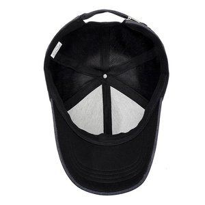 Men's black baseball cap interior showing 75% polyester 25% cotton blend and sweatband