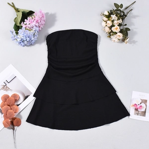Close-up of black strapless mini dress with ruffled hem and ribbed knit texture details