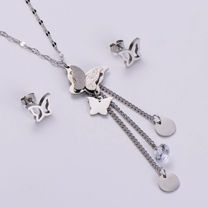 Polished silver butterfly jewelry set with necklace, tassel pendant and stud earrings