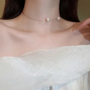 Geometric Steel Wire Choker Necklace With Faux Artificial Pearls Minimalist Alloy Fashion Jewelry For Women