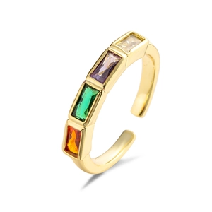 Fashionable gold-plated open ring with colorful rectangular zircon gemstones