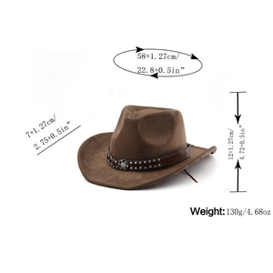 Brown faux suede cowboy hat with studded belt and detailed dimensions in inches