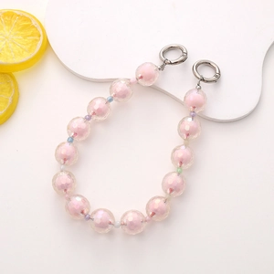 Pink faceted acrylic beaded strap with colorful spacers and silver metal spring ring clips