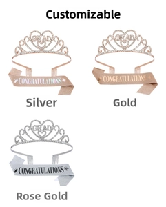 Three sets of graduation alloy rhinestone crowns and glitter sashes in various colors