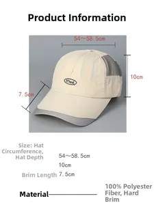 Detailed size specifications and 100% polyester material for quick dry baseball cap