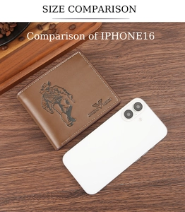 Size comparison of a brown leather men's wallet next to a smartphone on a wood table