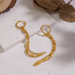 Women Long Dangle Earrings Geometric Double Layer Bead Chain Oval Link 304 Stainless Steel Gold Plated Minimalist