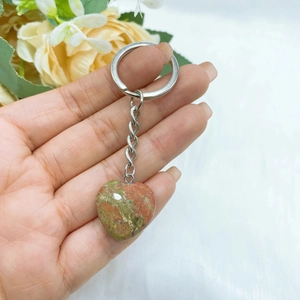 Polished heart-shaped unakite natural stone keychain with silver metal ring and chain