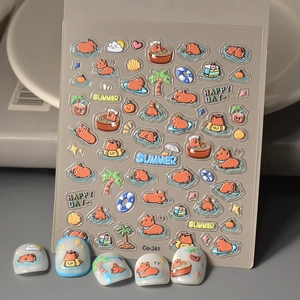 Nail Art Stickers 5D Embossed Cute Capybara Summer Cartoon Pattern Waterproof Self Adhesive Decals For Women Girls