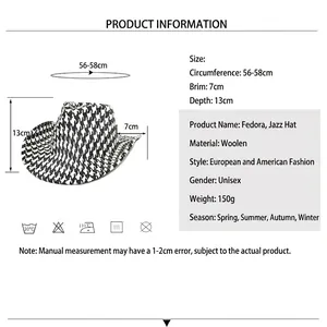 Classic houndstooth wool fedora jazz hat with size chart details and flat lay design