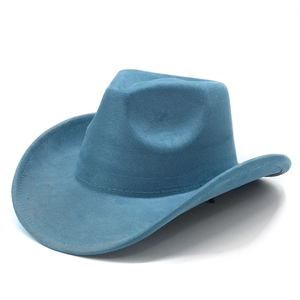 Classic blue faux suede western cowboy hat with wide brim and stitched edge for outdoors