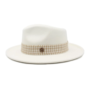 Elegant cream wool felt fedora hat with M-logo plaque and woven band detail
