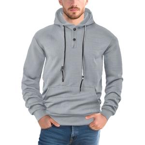 Men's light grey waffle knit hoodie with 3-button placket and front pocket for casual wear