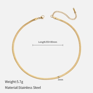 Detailed view of 3mm gold stainless steel flat snake chain necklace with size specifications
