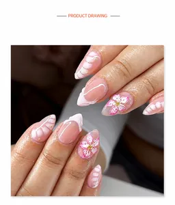 Vista de uñas de almendra rosadas con arte floral en 3D y textura de concha