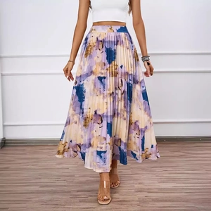 High Waisted Pleated Maxi Skirt Polyester Abstract Oil Painting Print Elegant Long A-line Skirt For Women